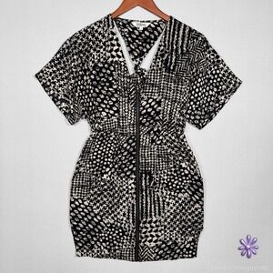 TRAMP Y2K Zip‎ Front Open Back Mini Dress | Black Cream | Pockets | SMALL